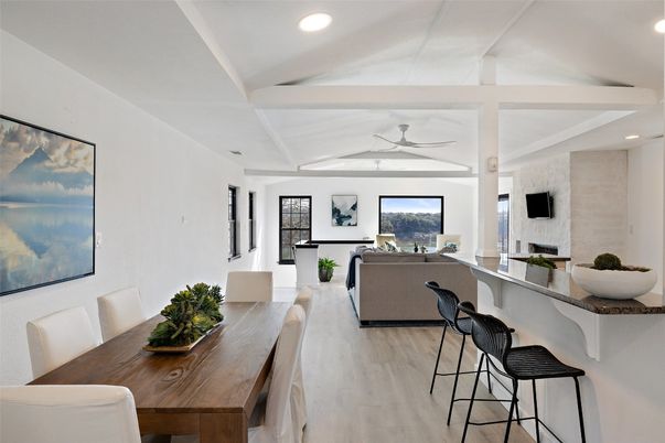 Dining room, Interior, Living room, Recessed Lighting, Wood Texture Flooring