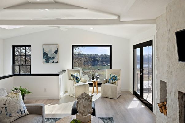 Fireplace, Interior, Living room, Recessed Lighting, Wood Texture Flooring