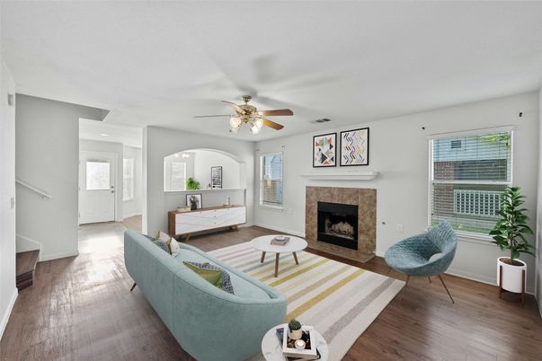 Fireplace, Interior, Living room, Recessed Lighting, Wood Texture Flooring