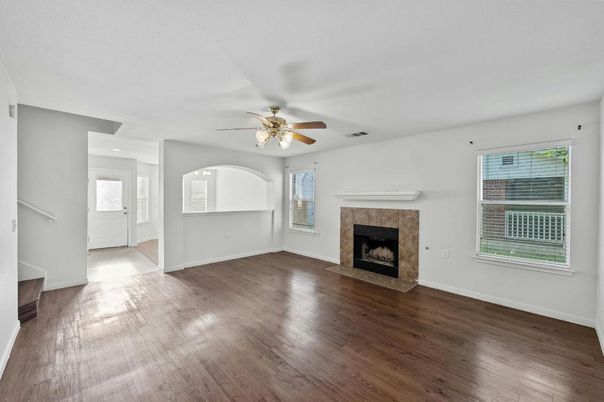 Empty room, Fireplace, Interior, Recessed Lighting, Wood Texture Flooring