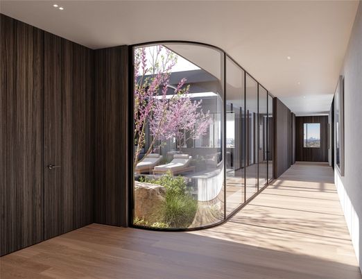 Dining room, Fireplace, Interior, Living room, Pendant Lights, Recessed Lighting, Wood Texture Flooring