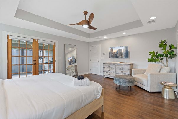 Bedroom, Interior, Recessed Lighting, Wood Texture Flooring