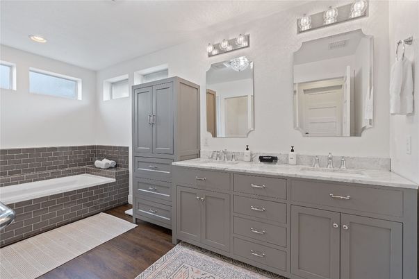 Bathroom, Dual Sink Vanities, Interior, Recessed Lighting, Wood Texture Flooring