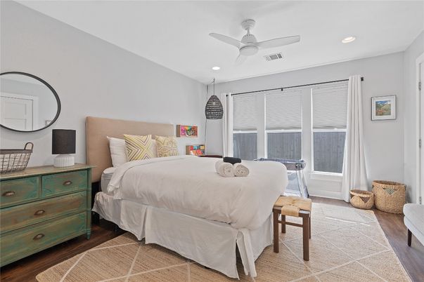 Bedroom, Interior, Pendant Lights, Recessed Lighting, Wood Texture Flooring