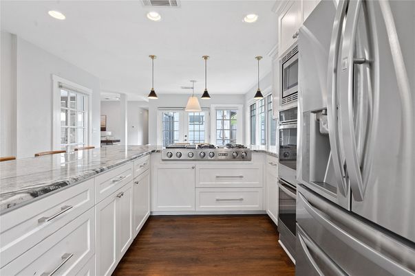 Interior, Kitchen, Pendant Lights, Recessed Lighting, Stainless Steel Appliances, Wood Texture Flooring