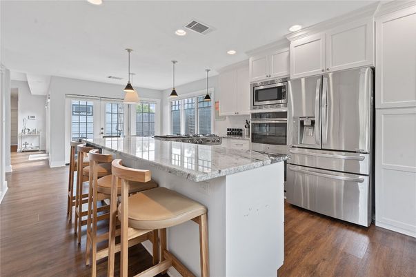 Interior, Kitchen, Pendant Lights, Recessed Lighting, Stainless Steel Appliances, Wood Texture Flooring