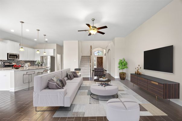 Interior, Kitchen, Living room, Pendant Lights, Recessed Lighting, Stainless Steel Appliances, Wood Texture Flooring