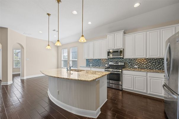 Interior, Kitchen, Pendant Lights, Recessed Lighting, Stainless Steel Appliances, Wood Texture Flooring