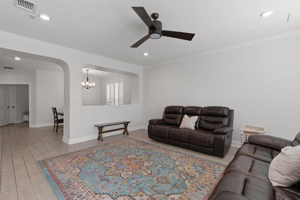 Chandelier, Interior, Living room, Recessed Lighting, Wood Texture Flooring
