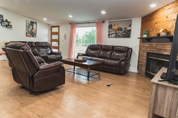 Fireplace, Interior, Living room, Recessed Lighting, Wood Texture Flooring, Wooden Walls