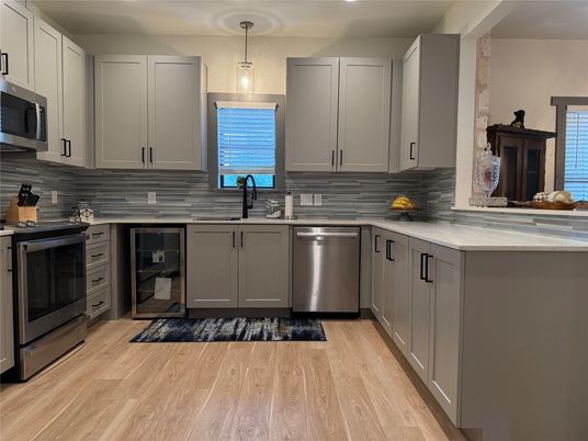 Interior, Kitchen, Pendant Lights, Stainless Steel Appliances, Wood Texture Flooring