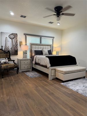 Bedroom, Interior, Recessed Lighting, Wood Texture Flooring