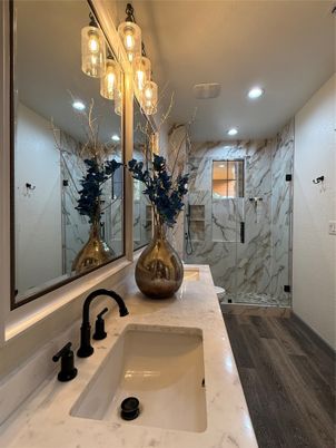Bathroom, Glass Shower, Interior, Marble Walls, Recessed Lighting, Wood Texture Flooring
