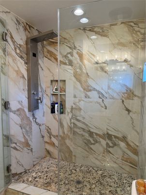 Bathroom, Glass Shower, Interior, Marble Walls, Recessed Lighting