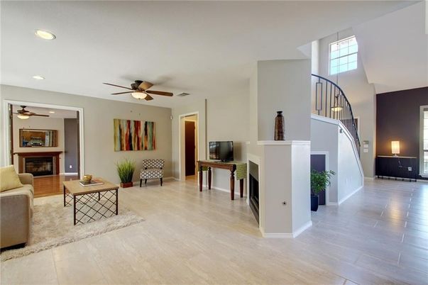 Fireplace, Interior, Living room, Recessed Lighting, Wood Texture Flooring