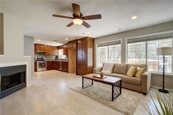 Fireplace, Interior, Kitchen, Living room, Recessed Lighting, Stainless Steel Appliances