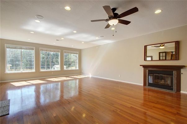 Empty room, Fireplace, Interior, Recessed Lighting, Wood Texture Flooring