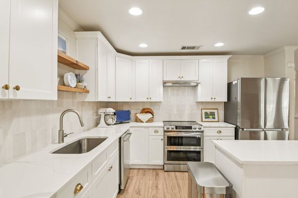Interior, Kitchen, Recessed Lighting, Stainless Steel Appliances, Wood Texture Flooring