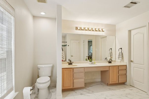 Bathroom, Dual Sink Vanities, Interior, Marble, Recessed Lighting