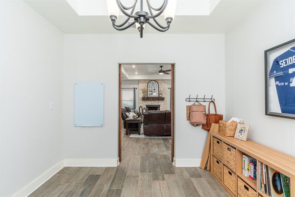 Chandelier, Interior, Recessed Lighting, Stone Walls, Wood Texture Flooring