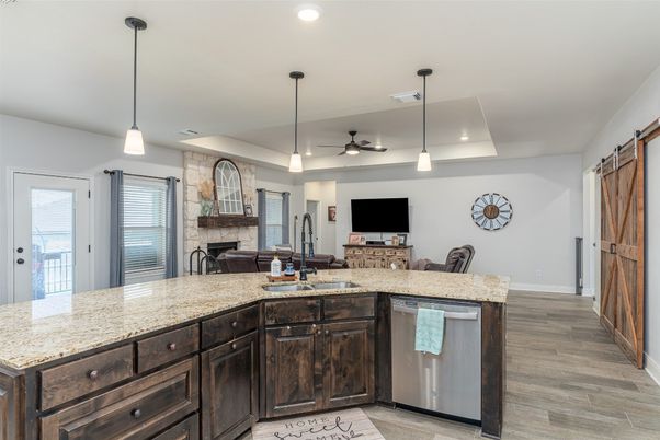 Interior, Kitchen, Pendant Lights, Recessed Lighting, Wood Texture Flooring