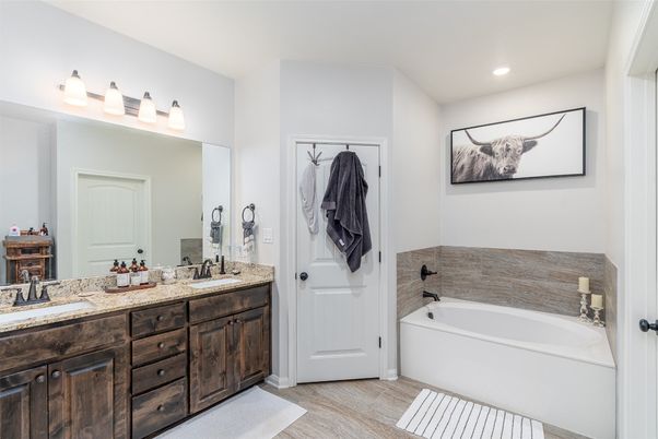 Bathroom, Dual Sink Vanities, Interior, Recessed Lighting, Wood Texture Flooring