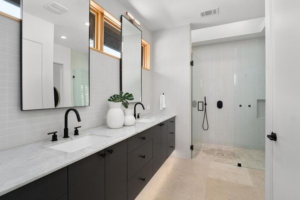 Bathroom, Dual Sink Vanities, Glass Shower, Interior, Recessed Lighting