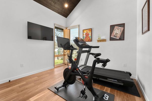 Fitness Equipment, Interior, Recessed Lighting, Wooden Ceilings, Wood Texture Flooring
