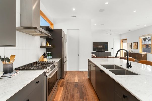 Interior, Kitchen, Recessed Lighting, Stainless Steel Appliances, Wood Texture Flooring