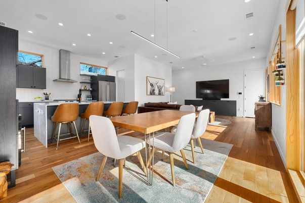 Dining room, Interior, Kitchen, Pendant Lights, Recessed Lighting, Wood Texture Flooring