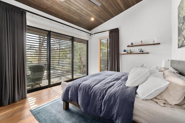 Bedroom, Interior, Recessed Lighting, Wooden Ceilings, Wood Texture Flooring