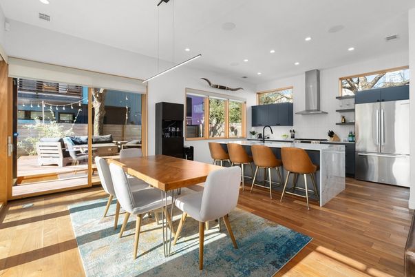 Dining room, Interior, Kitchen, Pendant Lights, Recessed Lighting, Stainless Steel Appliances, Wood Texture Flooring
