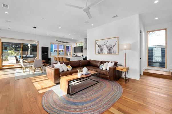 Dining room, Interior, Living room, Pendant Lights, Recessed Lighting, Wood Texture Flooring