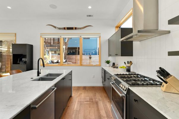 Interior, Kitchen, Recessed Lighting, Stainless Steel Appliances, Wood Texture Flooring