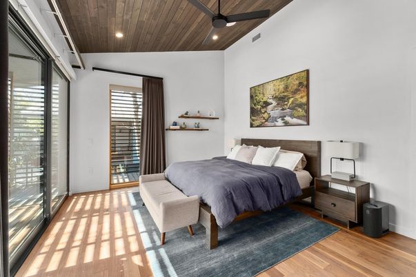 Bedroom, Interior, Recessed Lighting, Wooden Ceilings, Wood Texture Flooring