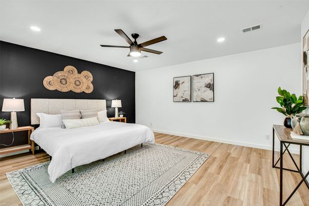Bedroom, Interior, Recessed Lighting, Wood Texture Flooring