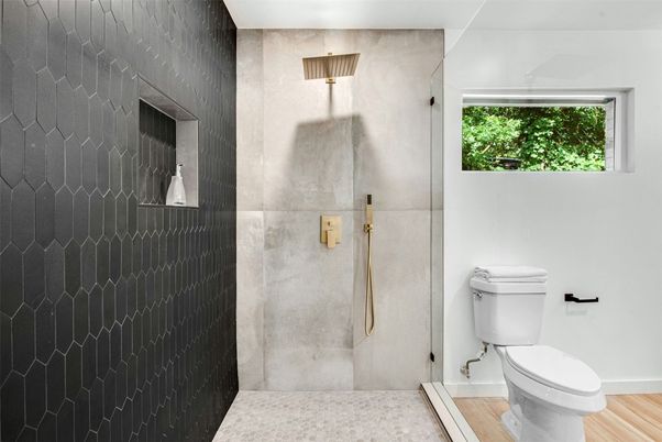 Bathroom, Glass Shower, Interior, Wood Texture Flooring