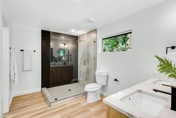 Bathroom, Glass Shower, Interior, Recessed Lighting, Wood Texture Flooring