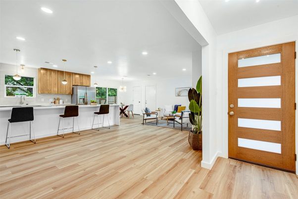 Interior, Kitchen, Pendant Lights, Recessed Lighting, Wood Texture Flooring