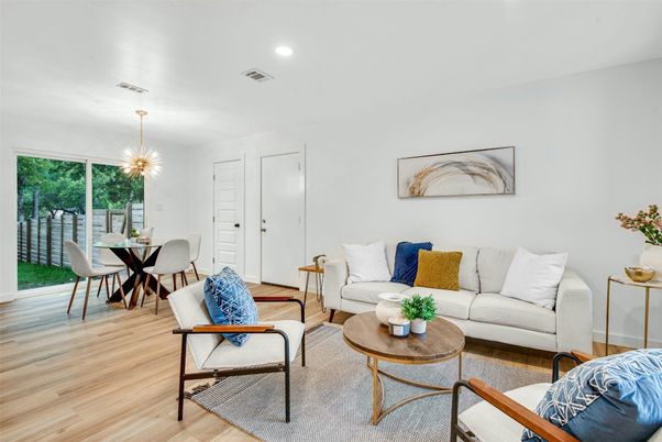 Dining room, Interior, Living room, Pendant Lights, Recessed Lighting, Wood Texture Flooring
