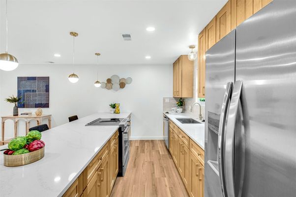 Interior, Kitchen, Pendant Lights, Recessed Lighting, Stainless Steel Appliances, Wood Texture Flooring