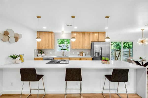 Interior, Kitchen, Pendant Lights, Recessed Lighting, Stainless Steel Appliances, Wood Texture Flooring