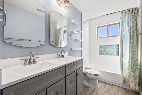 Bathroom, Dual Sink Vanities, Interior, Wood Texture Flooring