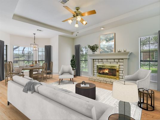 Dining room, Fireplace, Interior, Living room, Pendant Lights, Recessed Lighting, Wood Texture Flooring