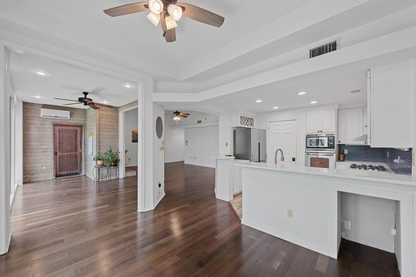 Interior, Kitchen, Recessed Lighting, Stainless Steel Appliances, Wood Texture Flooring