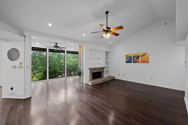 Empty room, Fireplace, Interior, Recessed Lighting, Wood Texture Flooring