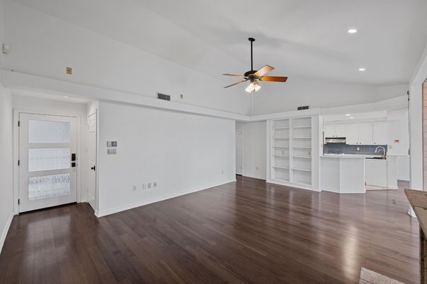 Empty room, Interior, Kitchen, Recessed Lighting, Wood Texture Flooring