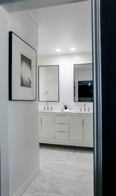 Bathroom, Dual Sink Vanities, Interior, Marble, Recessed Lighting