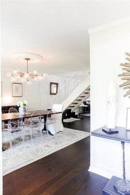 Dining room, Interior, Pendant Lights, Wood Texture Flooring