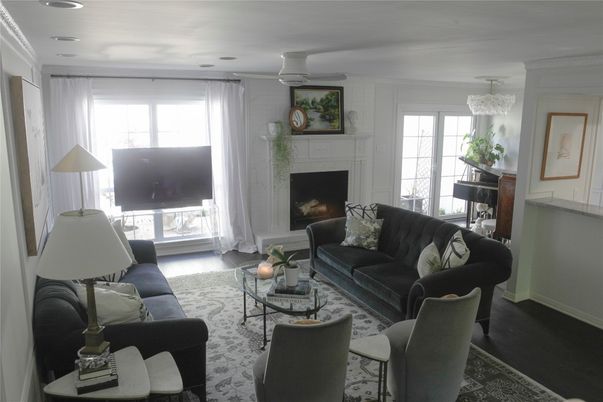 Chandelier, Fireplace, Interior, Living room, Recessed Lighting, Wood Texture Flooring
